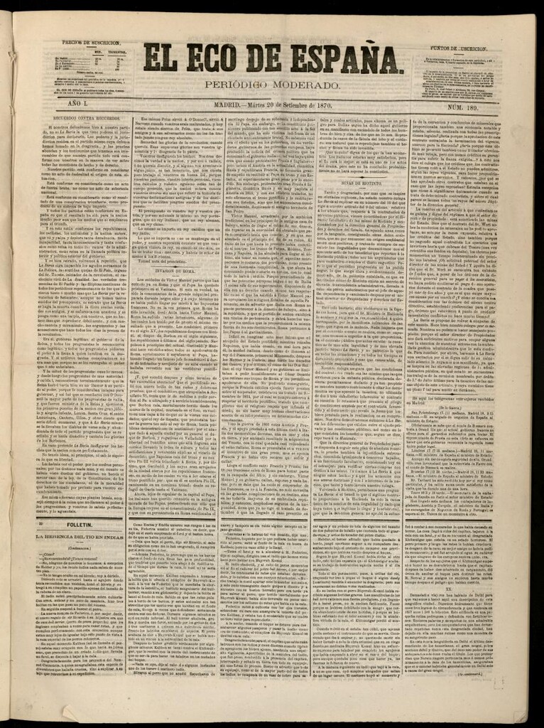 Miniatura de El Eco de España del 20 de septiembre de 1870