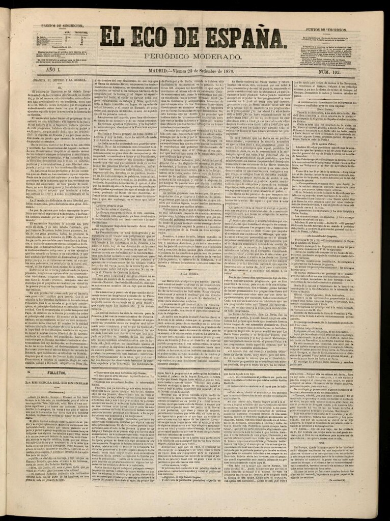 Miniatura de El Eco de España del 23 de septiembre de 1870