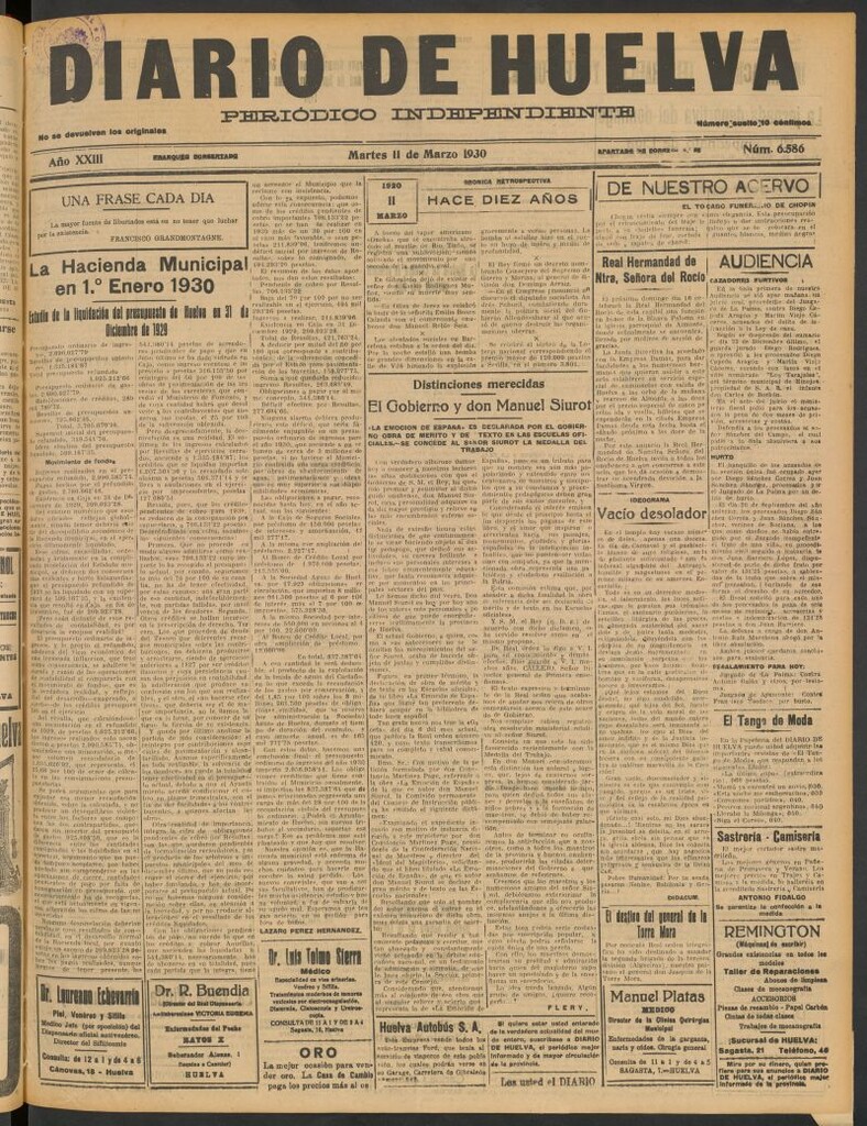 Miniatura de Diario de Huelva : periódico independiente del 11 de marzo de 1930