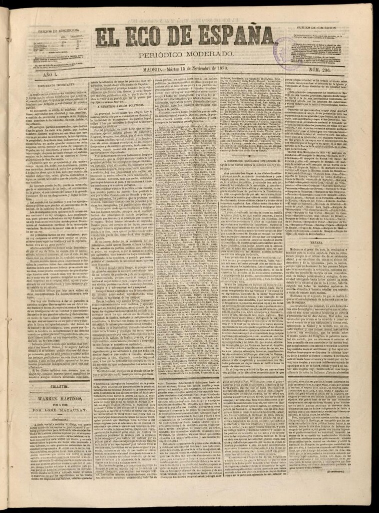 Miniatura de El Eco de España del 15 de noviembre de 1870