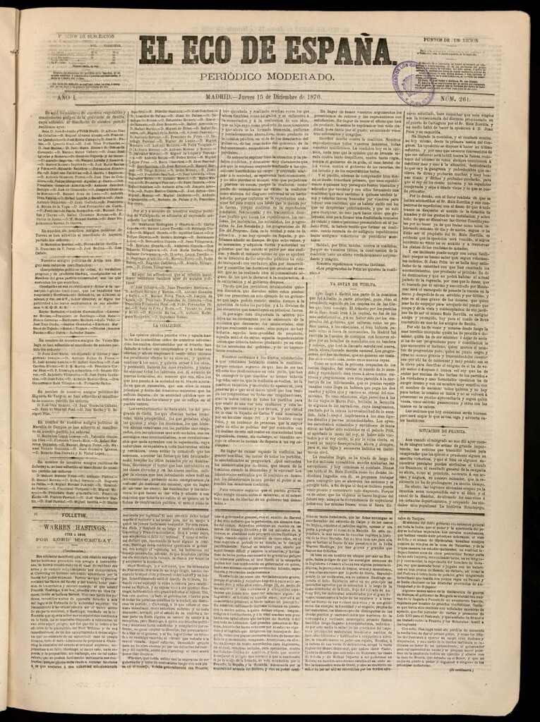 Miniatura de El Eco de España del 15 de diciembre de 1870