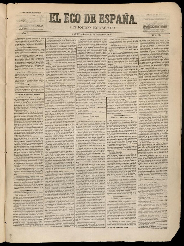 Miniatura de El Eco de España del 30 de diciembre de 1870