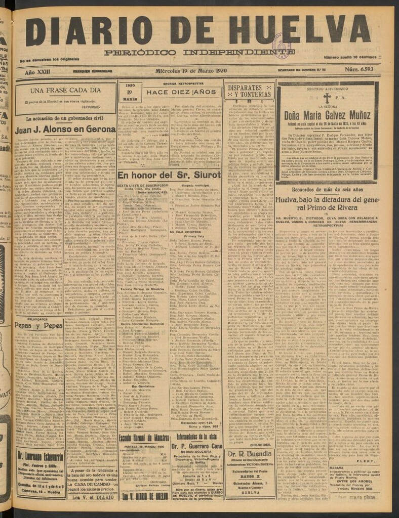 Miniatura de Diario de Huelva : periódico independiente del 19 de marzo de 1930