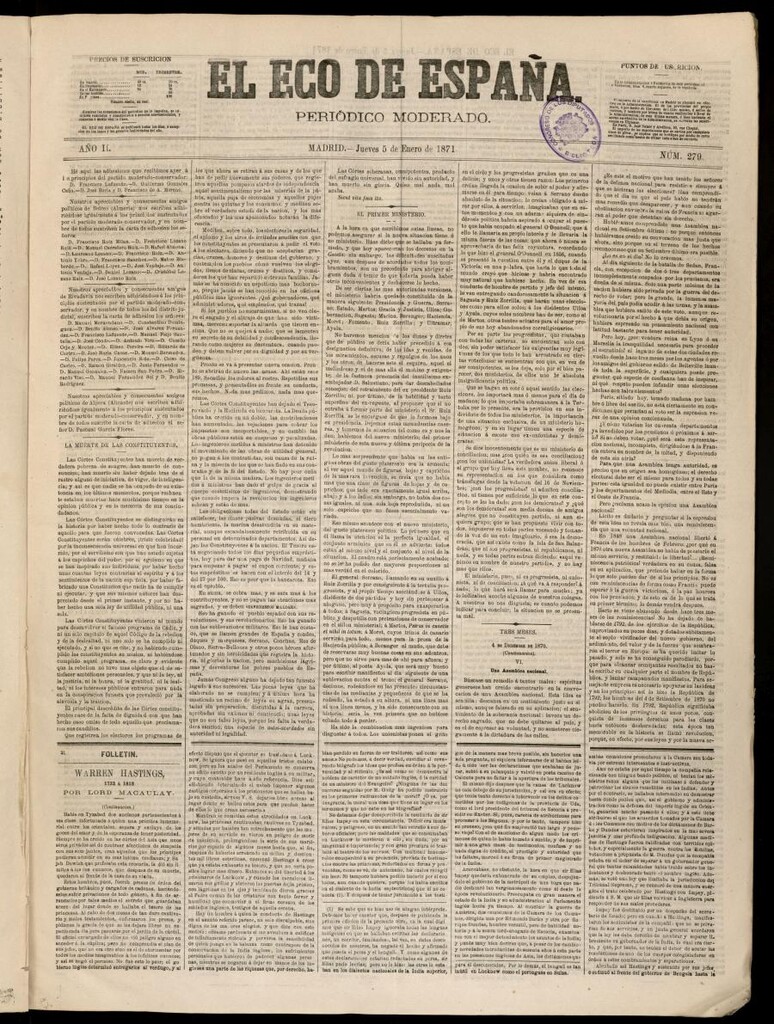 Miniatura de El Eco de España del 5 de enero de 1871