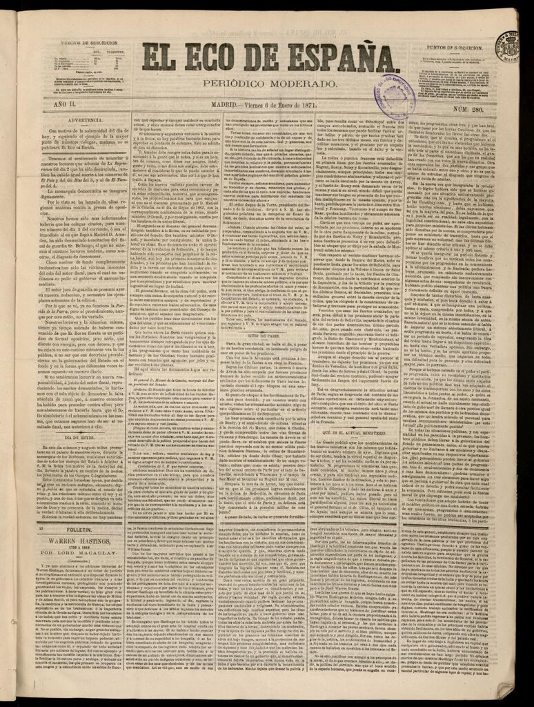 Miniatura de El Eco de España del 6 de enero de 1871