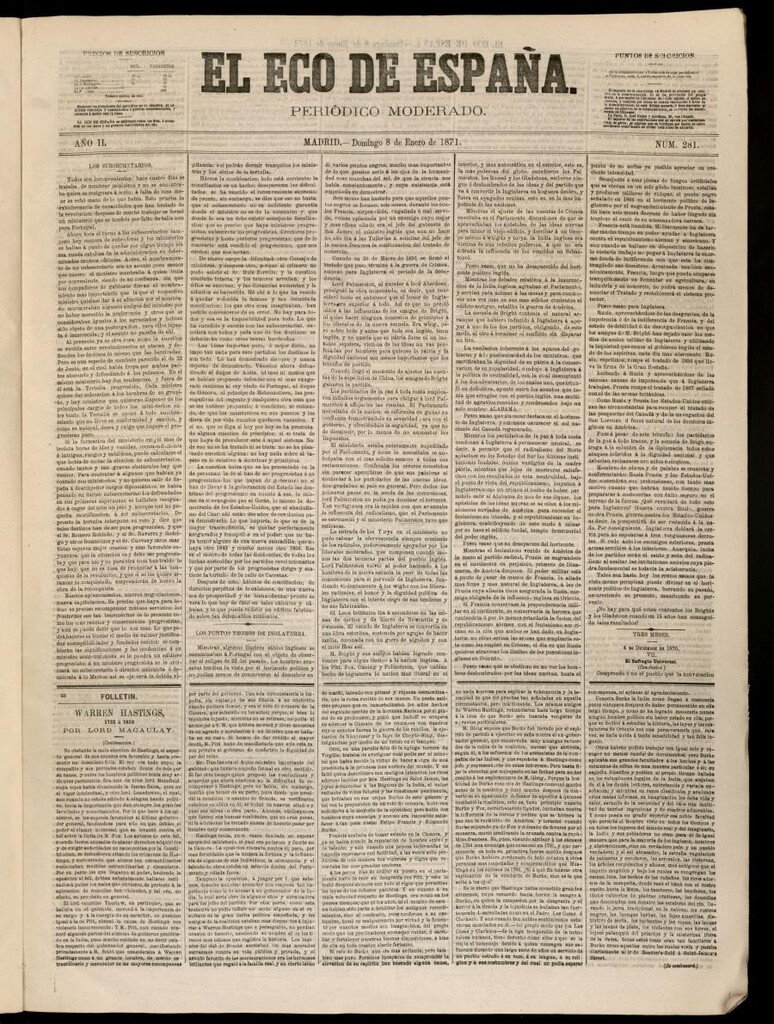 Miniatura de El Eco de España del 8 de enero de 1871