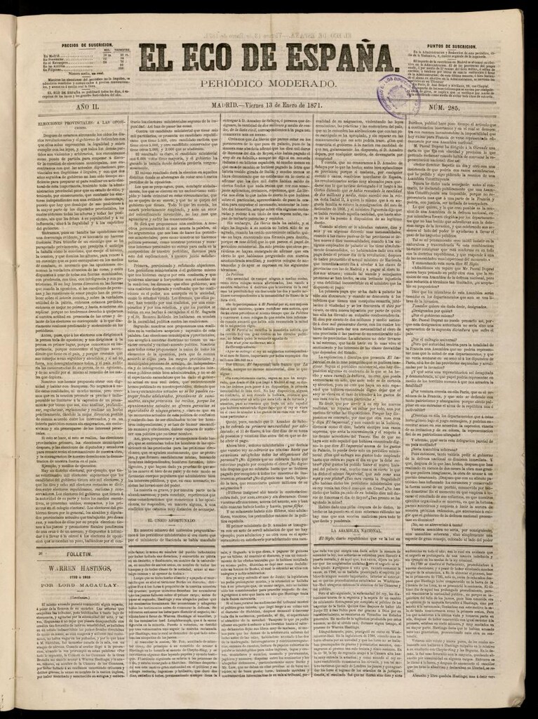Miniatura de El Eco de España del 13 de enero de 1871