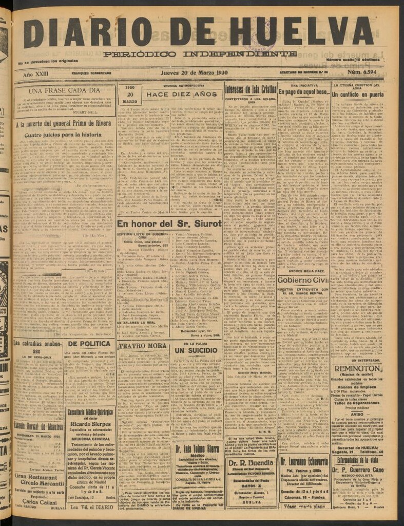 Miniatura de Diario de Huelva : periódico independiente del 20 de marzo de 1930