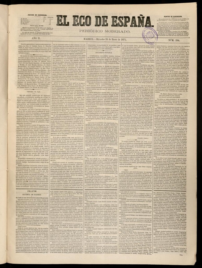 Miniatura de El Eco de España del 25 de enero de 1871