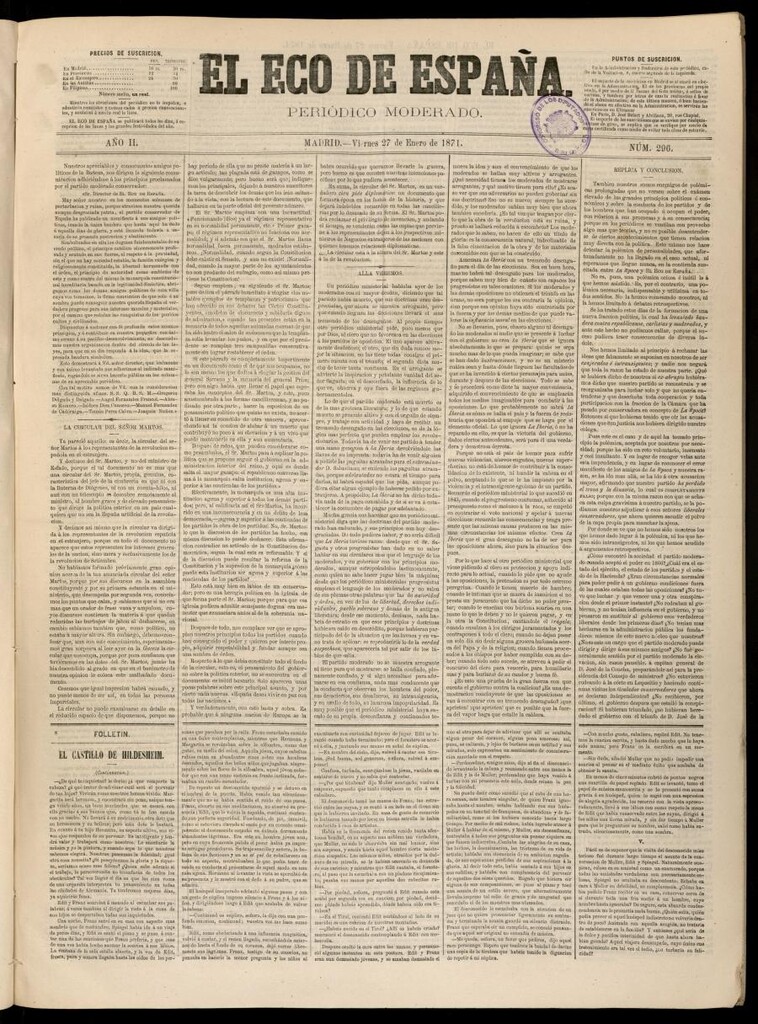 Miniatura de El Eco de España del 27 de enero de 1871