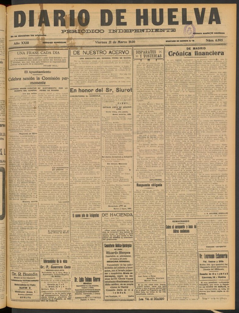 Miniatura de Diario de Huelva : periódico independiente del 21 de marzo de 1930
