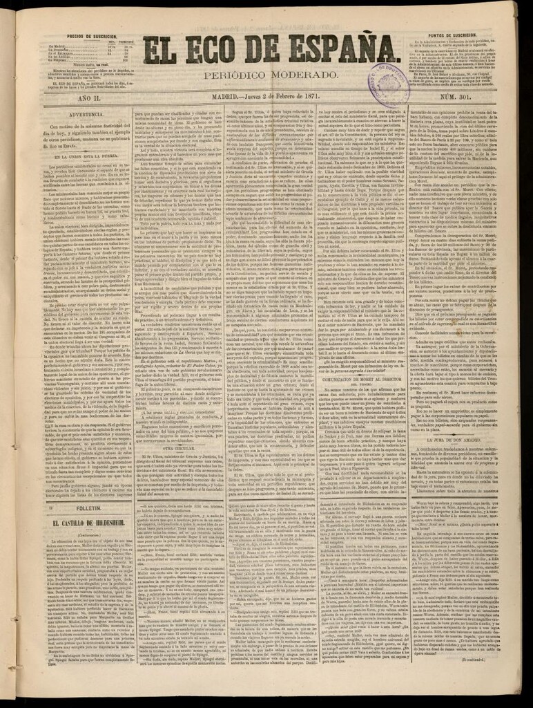 Miniatura de El Eco de España del 2 de febrero de 1871