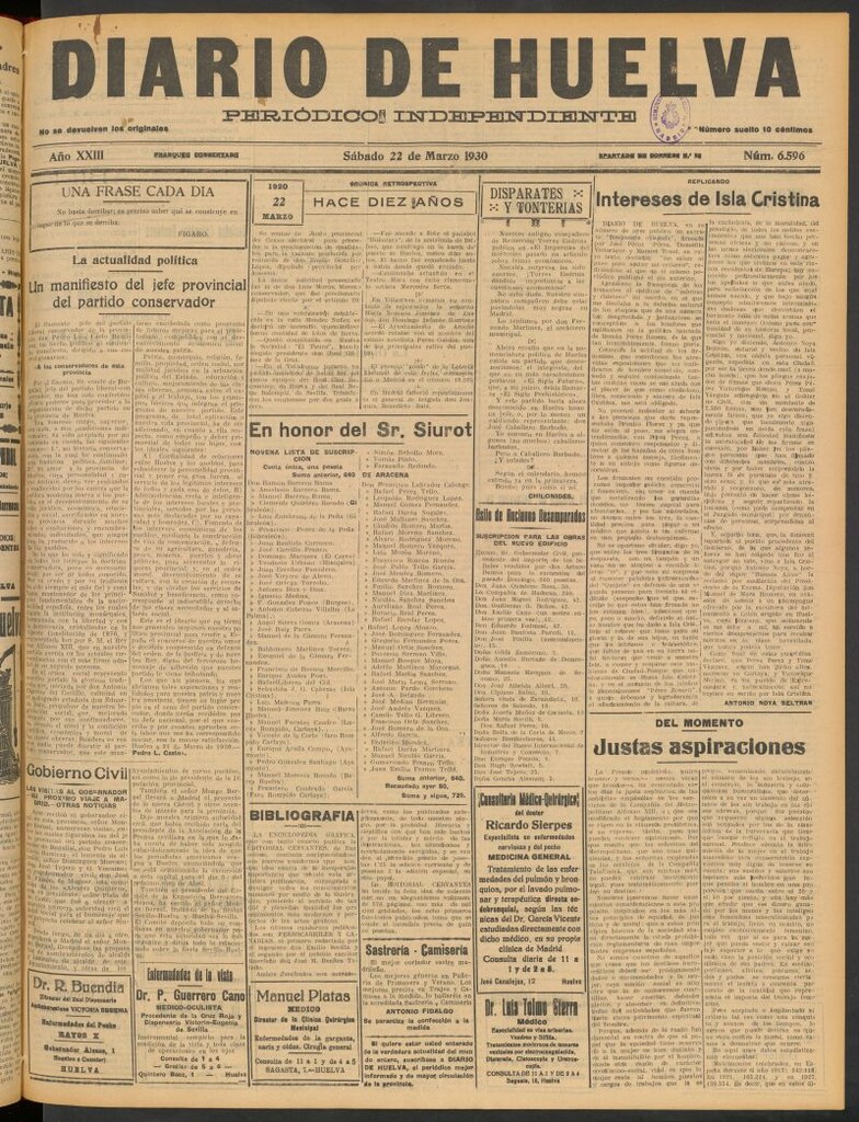 Miniatura de Diario de Huelva : periódico independiente del 22 de marzo de 1930