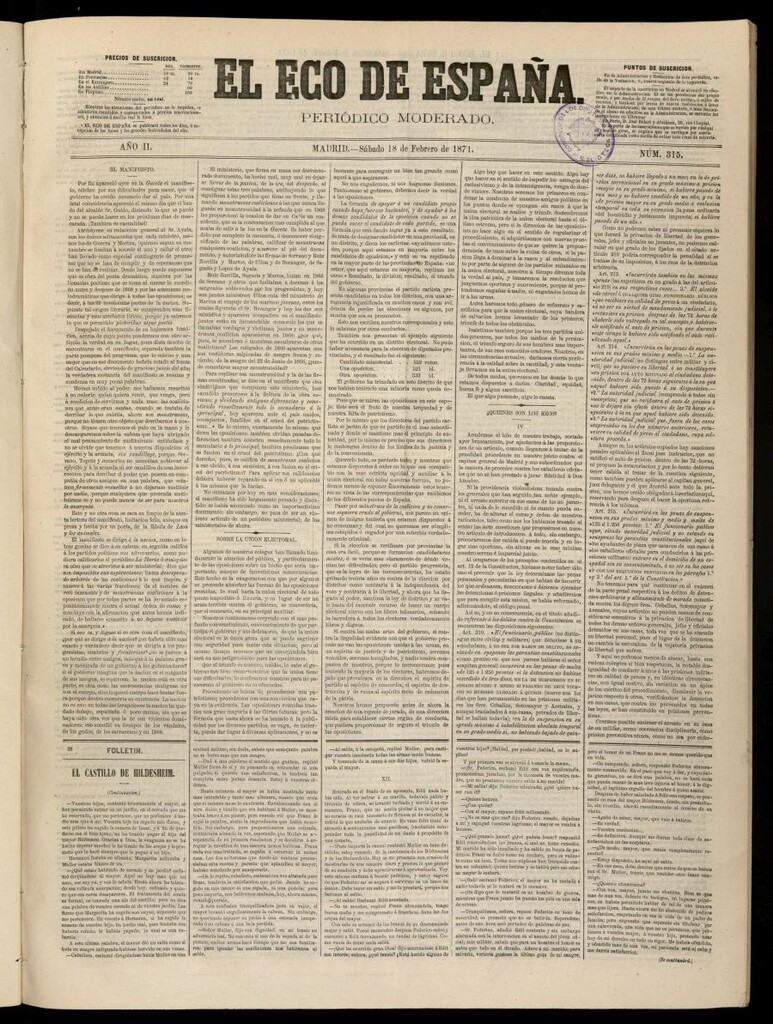 Miniatura de El Eco de España del 18 de febrero de 1871