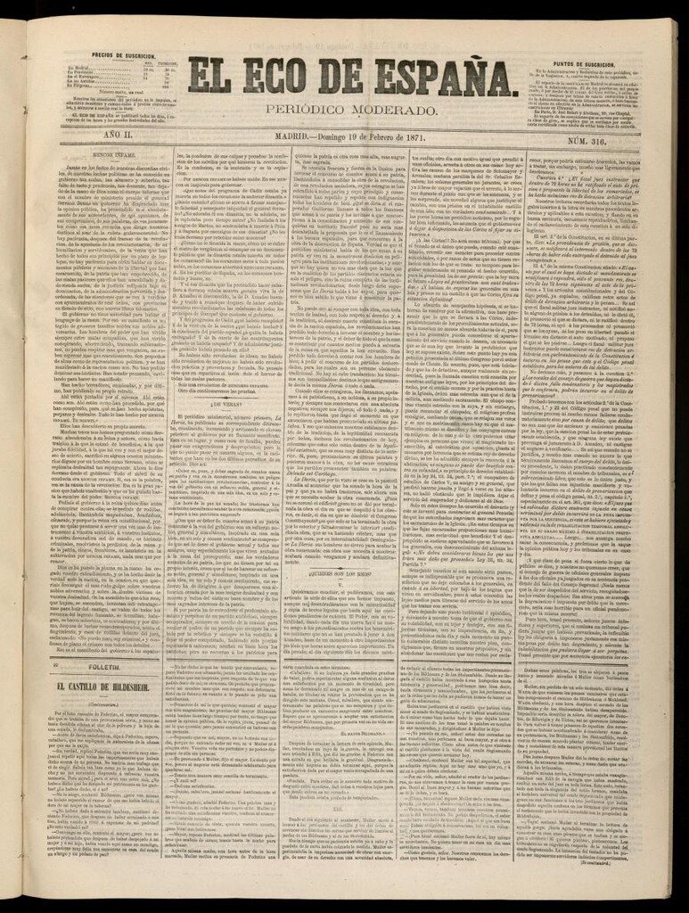 Miniatura de El Eco de España del 19 de febrero de 1871