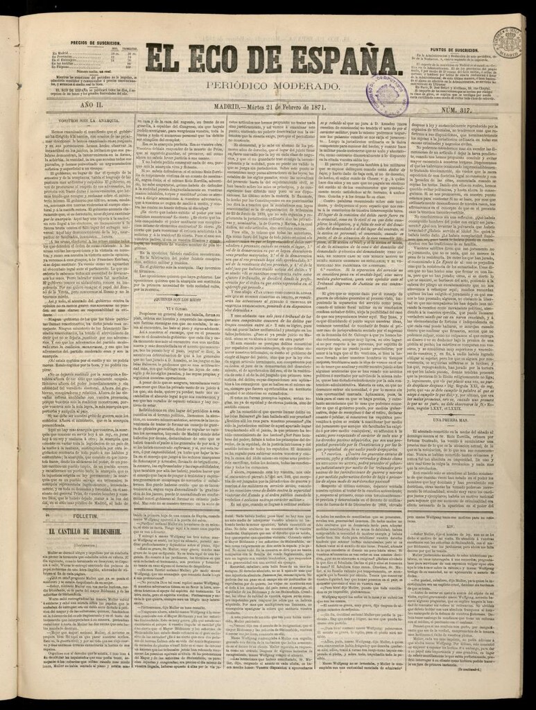 Miniatura de El Eco de España del 21 de febrero de 1871