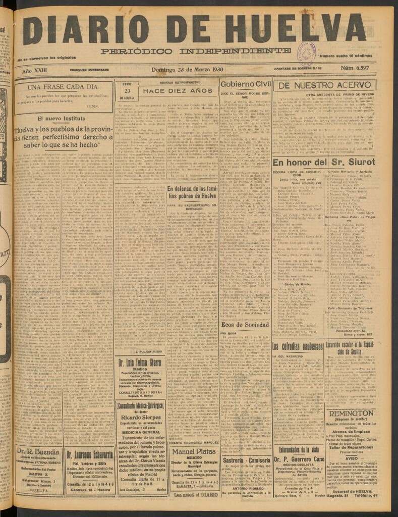 Miniatura de Diario de Huelva : periódico independiente del 23 de marzo de 1930
