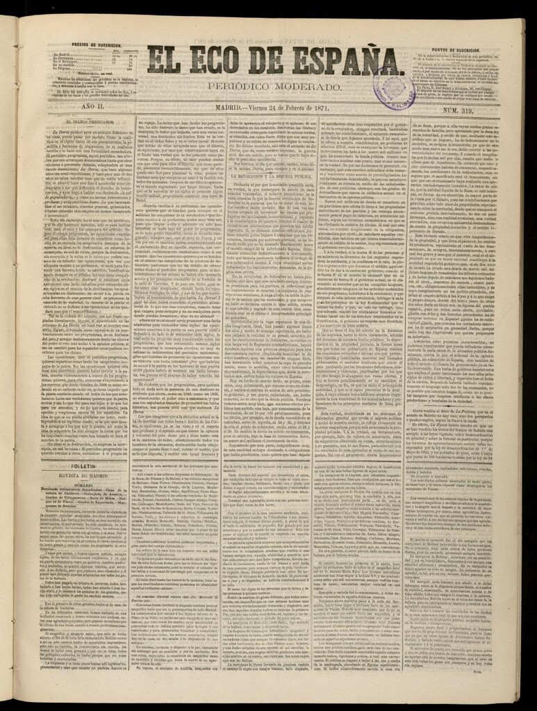 Miniatura de El Eco de España del 24 de febrero de 1871