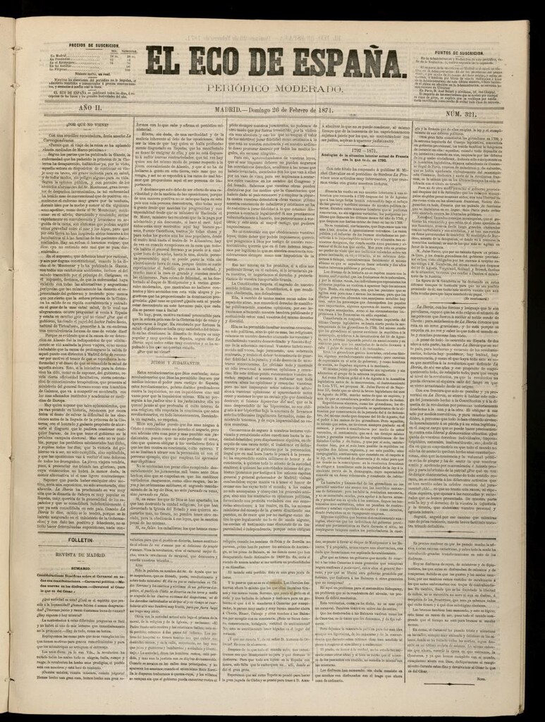 Miniatura de El Eco de España del 26 de febrero de 1871