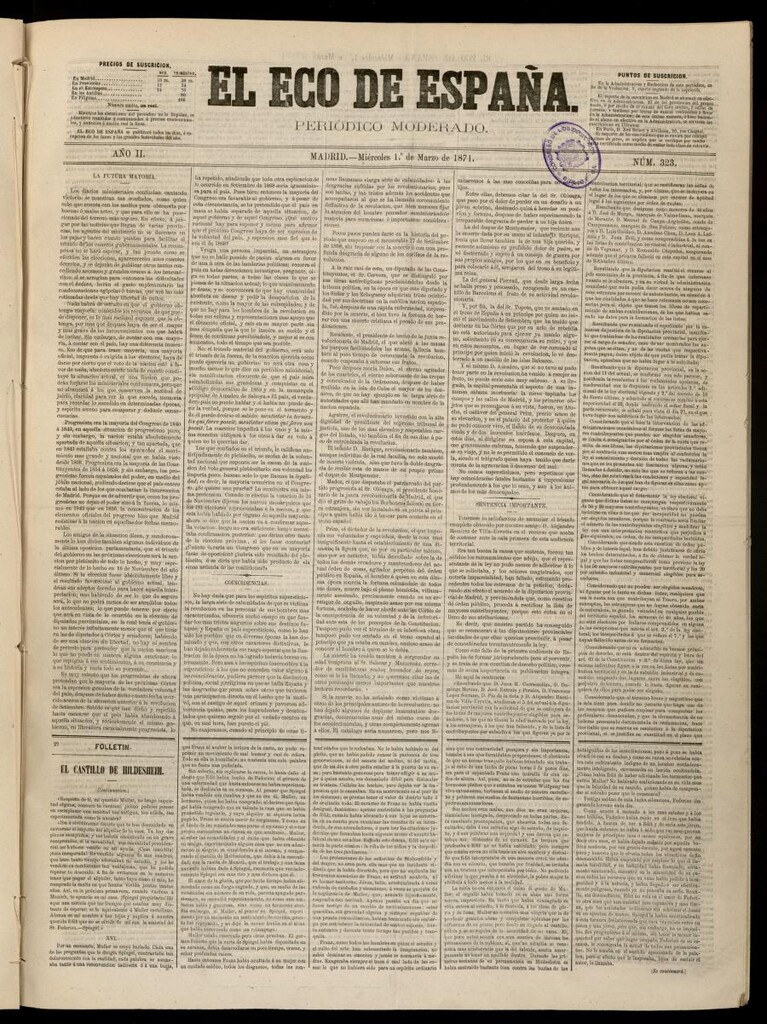 Miniatura de El Eco de España del 1 de marzo de 1871
