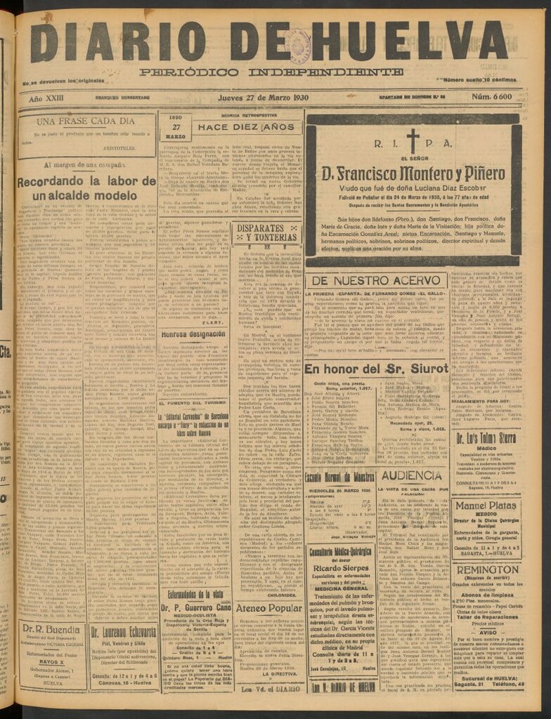Miniatura de Diario de Huelva : periódico independiente del 27 de marzo de 1930
