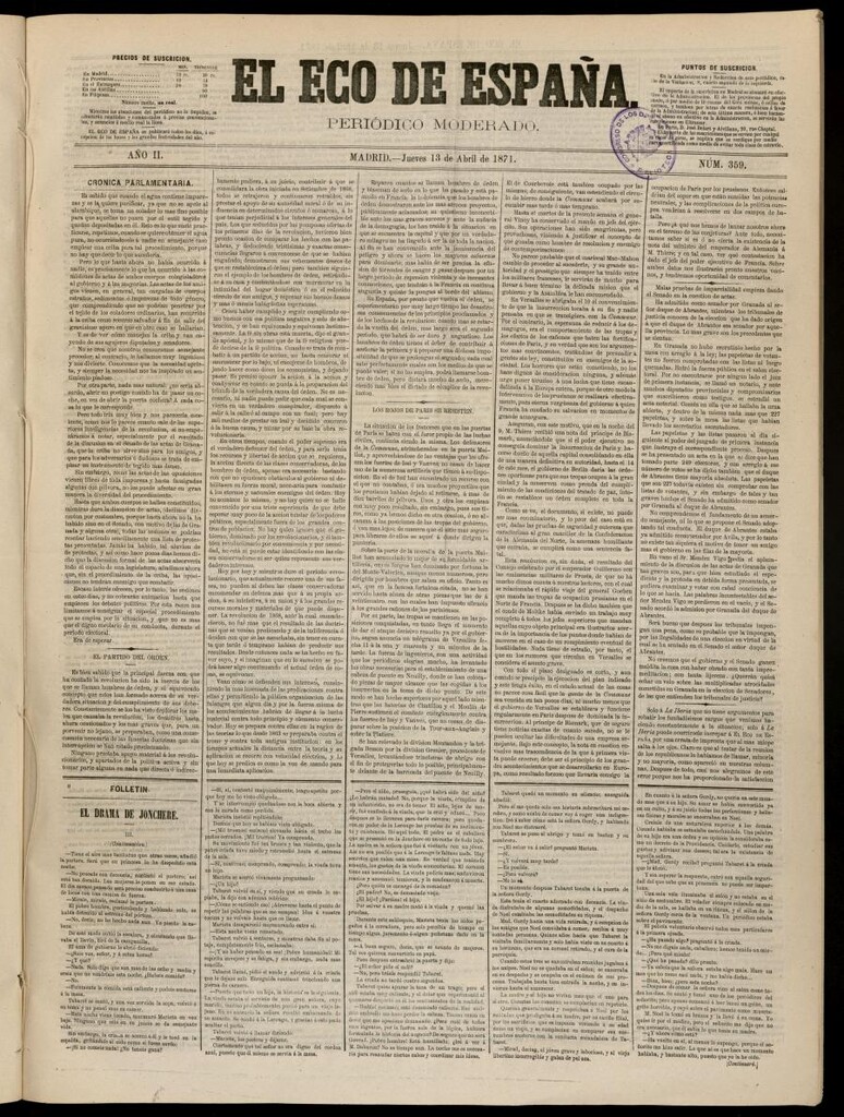 Miniatura de El Eco de España del 13 de abril de 1871