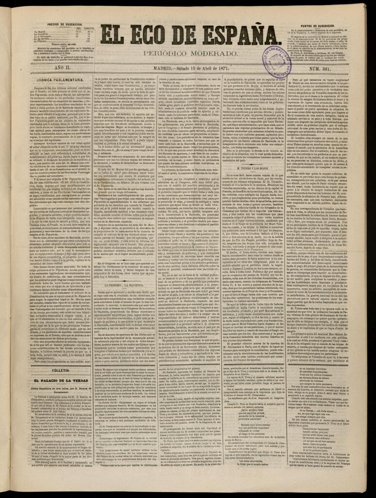 Miniatura de El Eco de España del 15 de abril de 1871