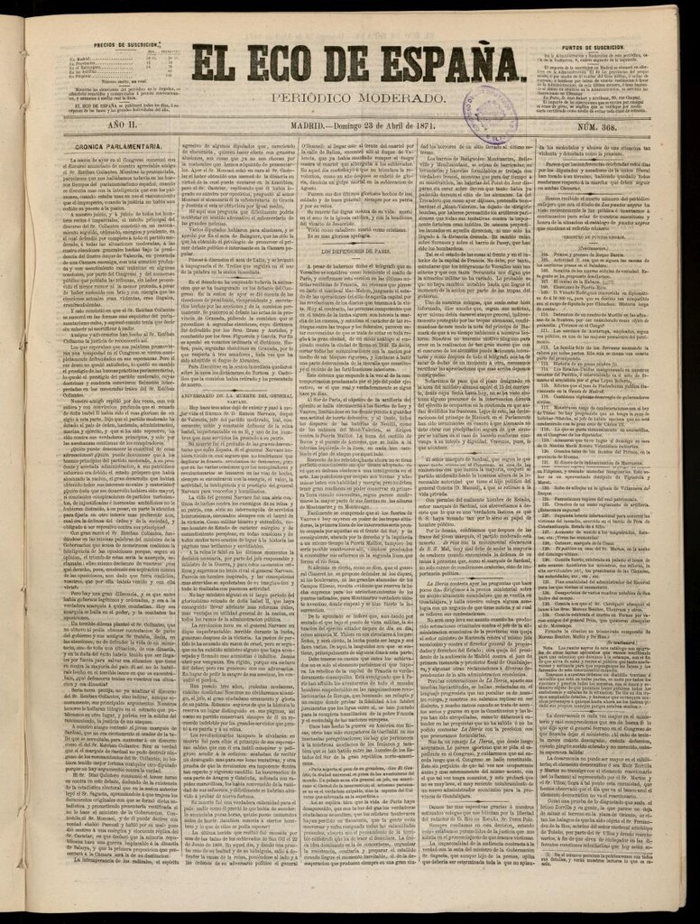 Miniatura de El Eco de España del 23 de abril de 1871