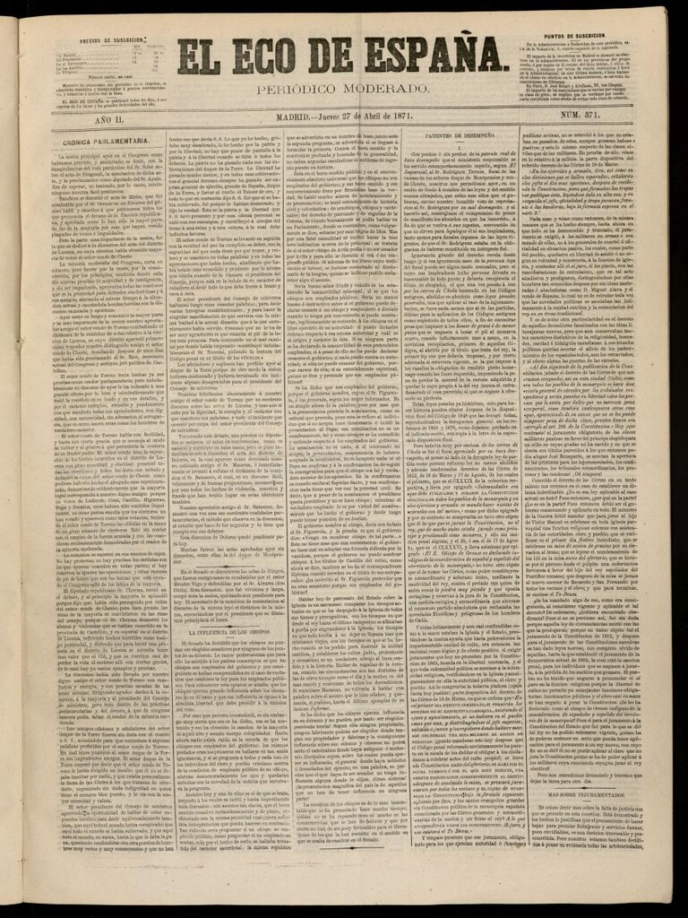 Miniatura de El Eco de España del 27 de abril de 1871