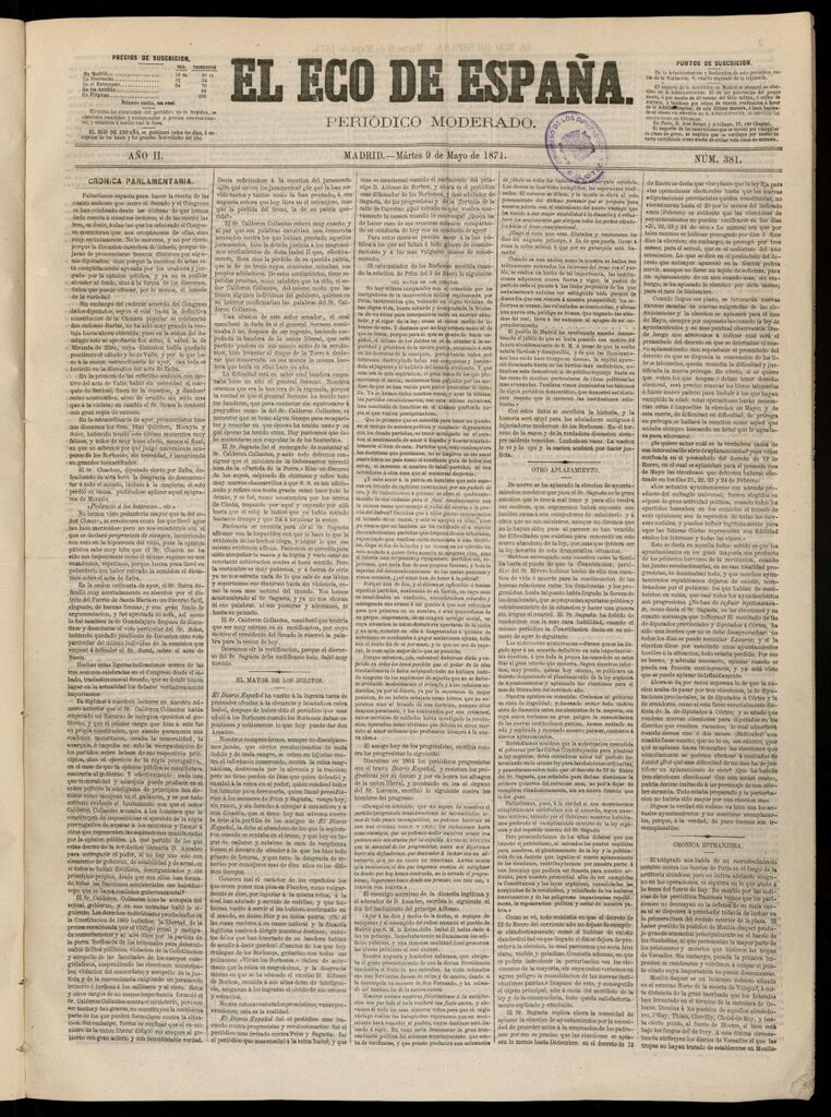 Miniatura de El Eco de España del 9 de mayo de 1871