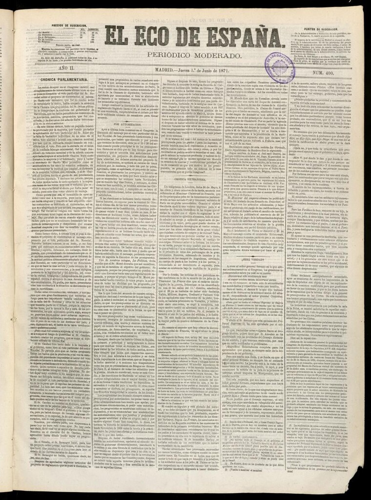 Miniatura de El Eco de España del 1 de junio de 1871