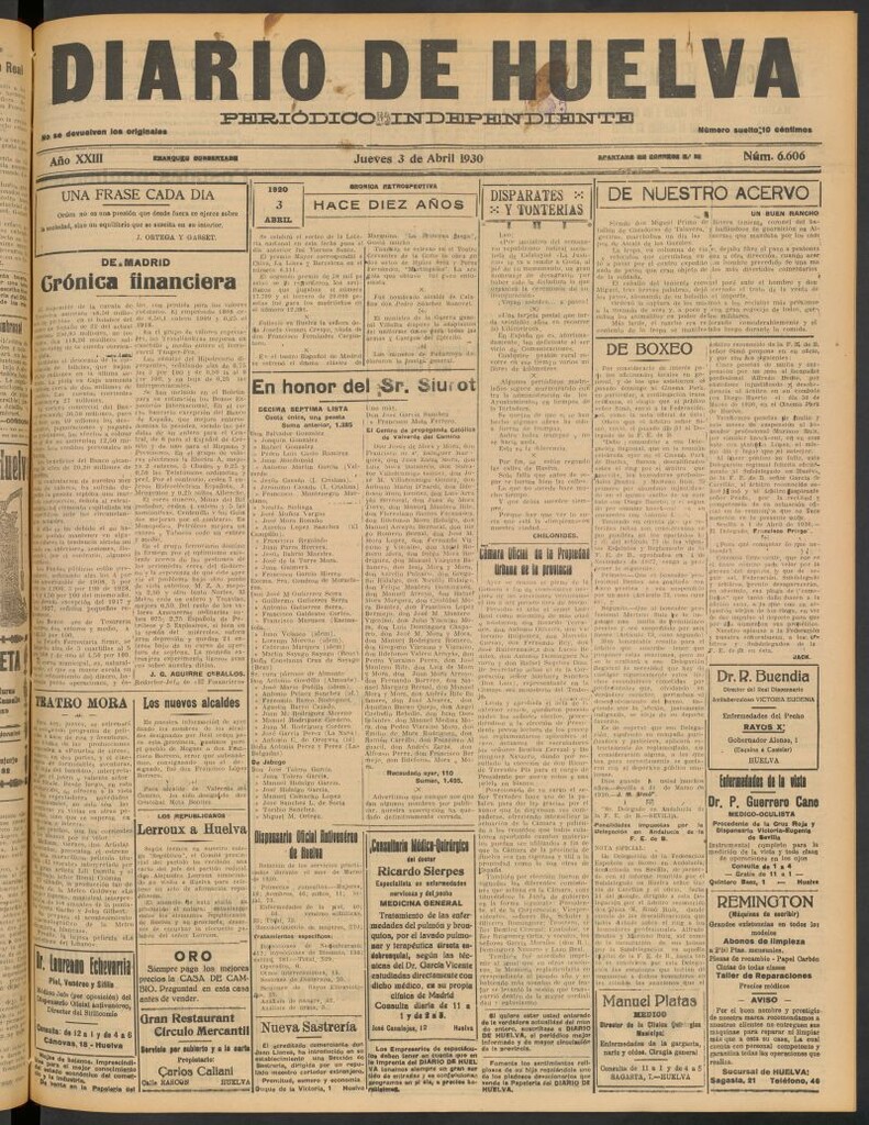 Miniatura de Diario de Huelva : periódico independiente del 3 de abril de 1930