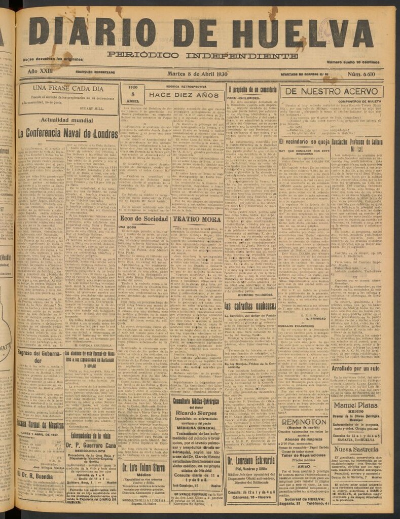 Miniatura de Diario de Huelva : periódico independiente del 8 de abril de 1930