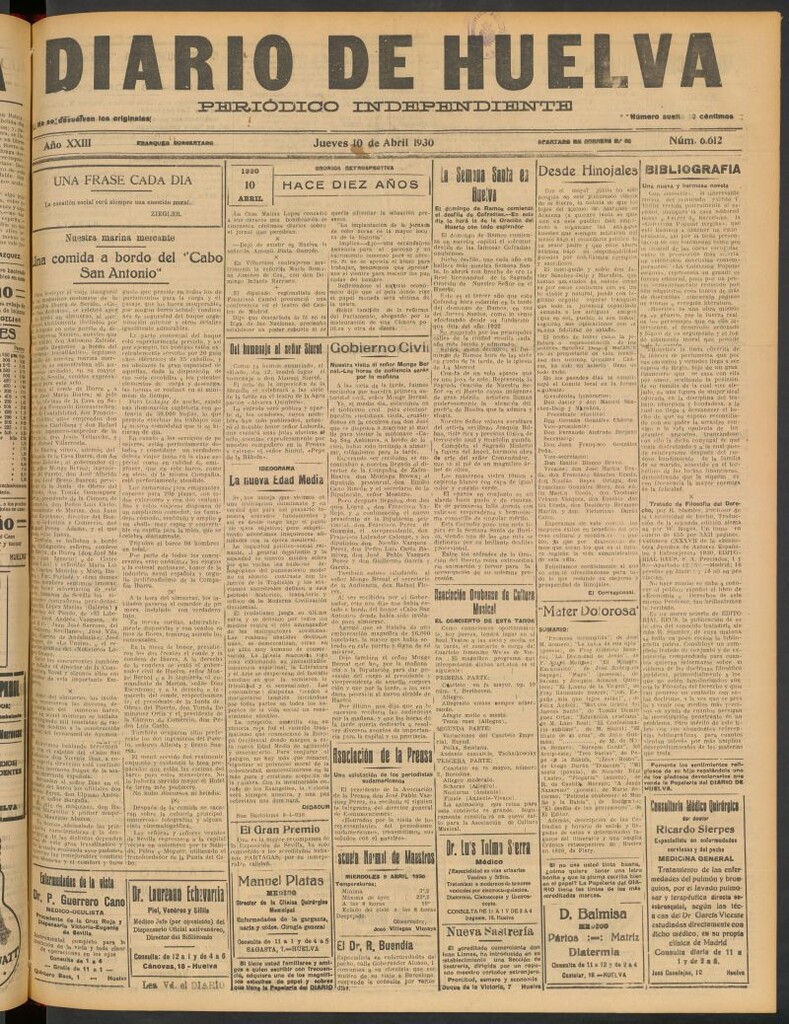 Miniatura de Diario de Huelva : periódico independiente del 10 de abril de 1930