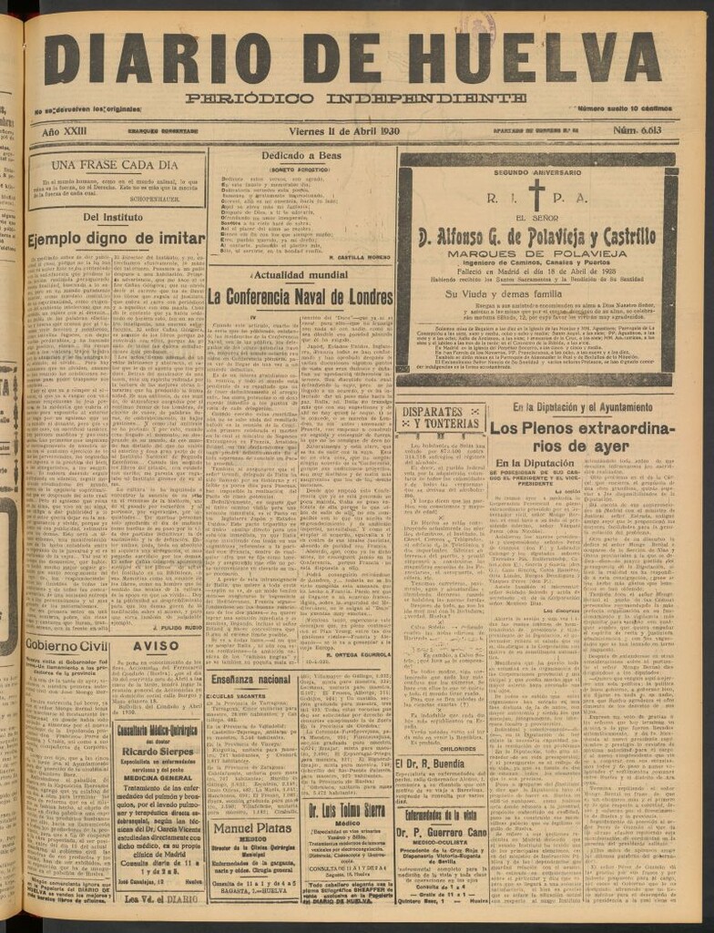 Miniatura de Diario de Huelva : periódico independiente del 11 de abril de 1930