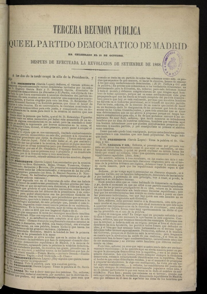 Miniatura de Tercera reunión pública que el partido democrático de Madrid ha celebrado después de efectuada la revolución de septiembre de 1868