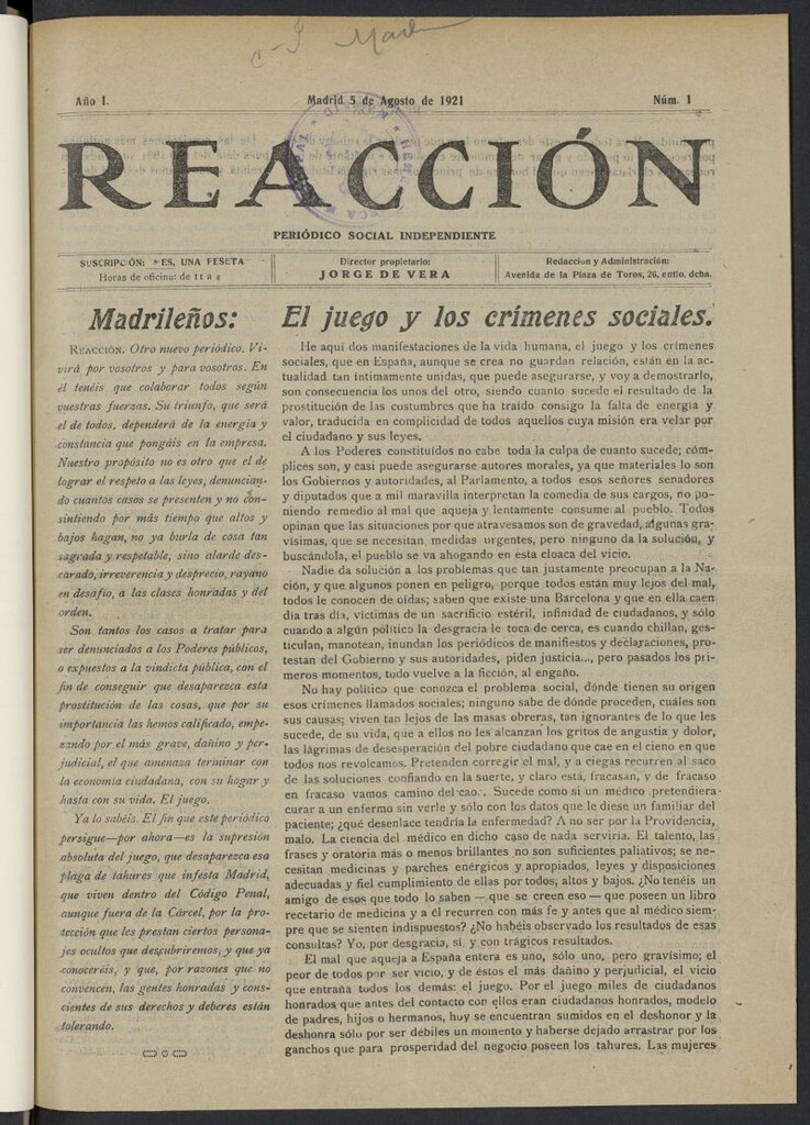 Miniatura de Reacción: periódico social independiente del 5 de agosto de 1921