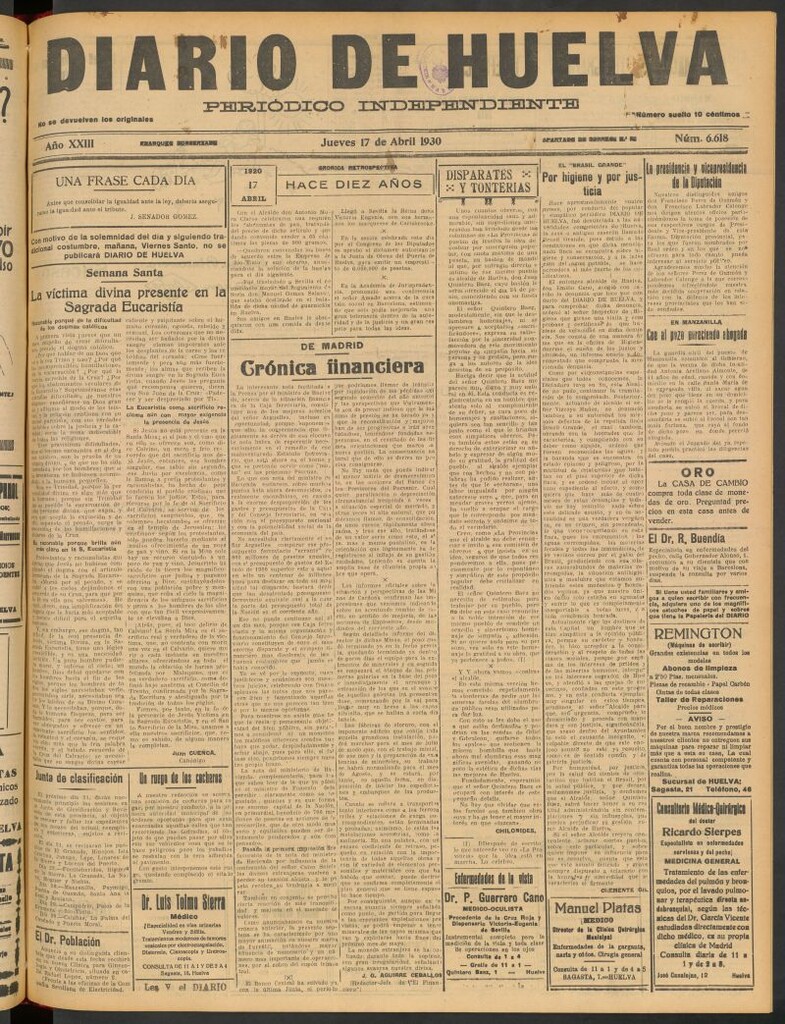 Miniatura de Diario de Huelva : periódico independiente del 17 de abril de 1930