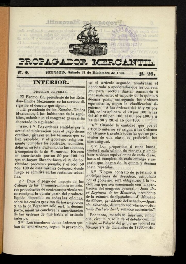Miniatura de Propagador Mercantil del 21 de diciembre de 1833