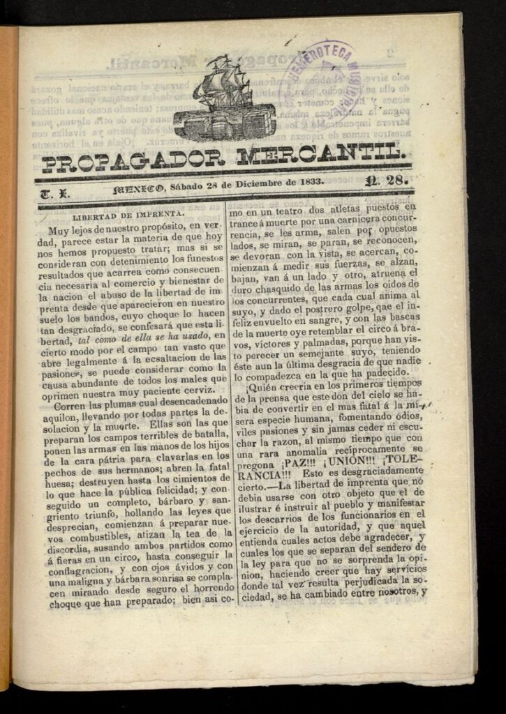 Miniatura de Propagador Mercantil del 28 de diciembre de 1833