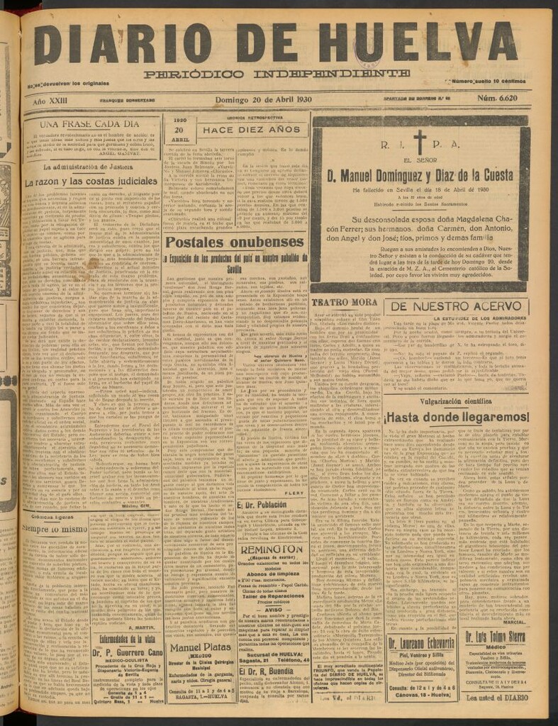Miniatura de Diario de Huelva : periódico independiente del 20 de abril de 1930