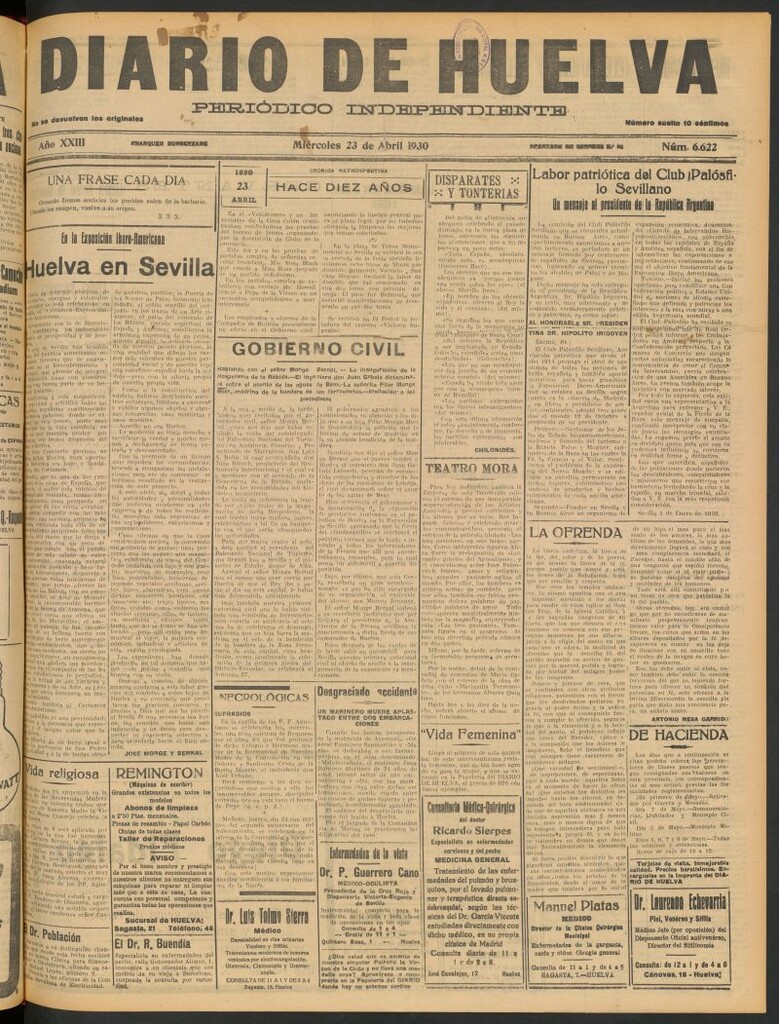 Miniatura de Diario de Huelva : periódico independiente del 23 de abril de 1930