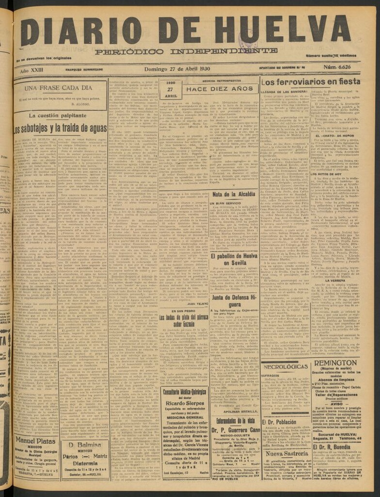 Miniatura de Diario de Huelva : periódico independiente del 27 de abril de 1930