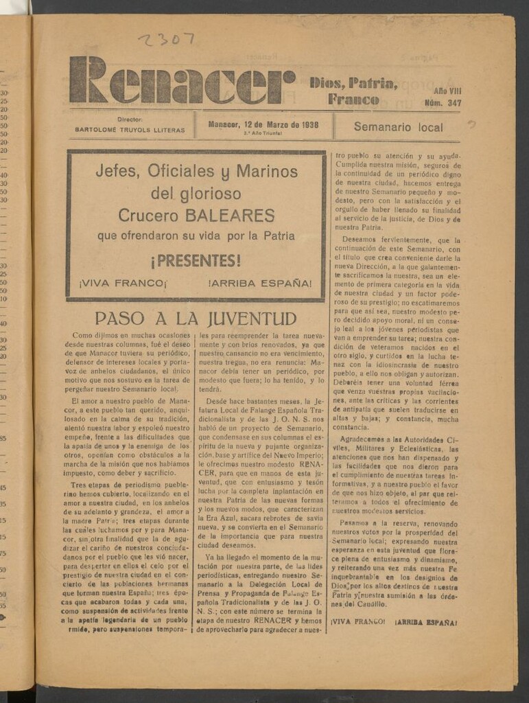 Miniatura de Renacer : semanario local del 12 de marzo de 1938