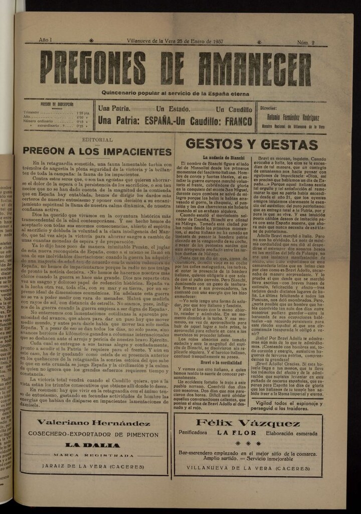 Miniatura de Pregones de amanecer : quincenario popular al servicio de la España eterna del 25 de enero de 1937
