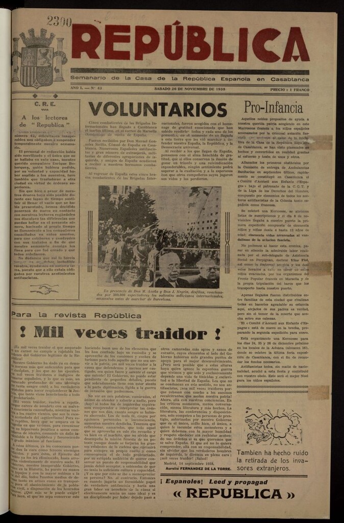 Miniatura de República : semanario de la Casa de la República Española en Casablanca del 26 de noviembre de 1938