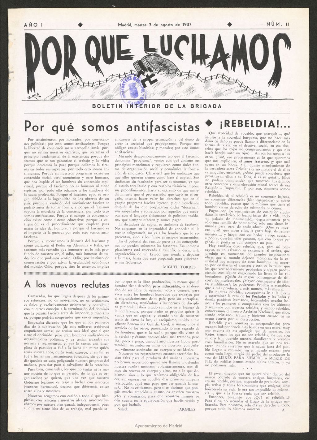 Miniatura de Por qué luchamos : boletín interior de la Brigada 38 del 3 de agosto de 1937