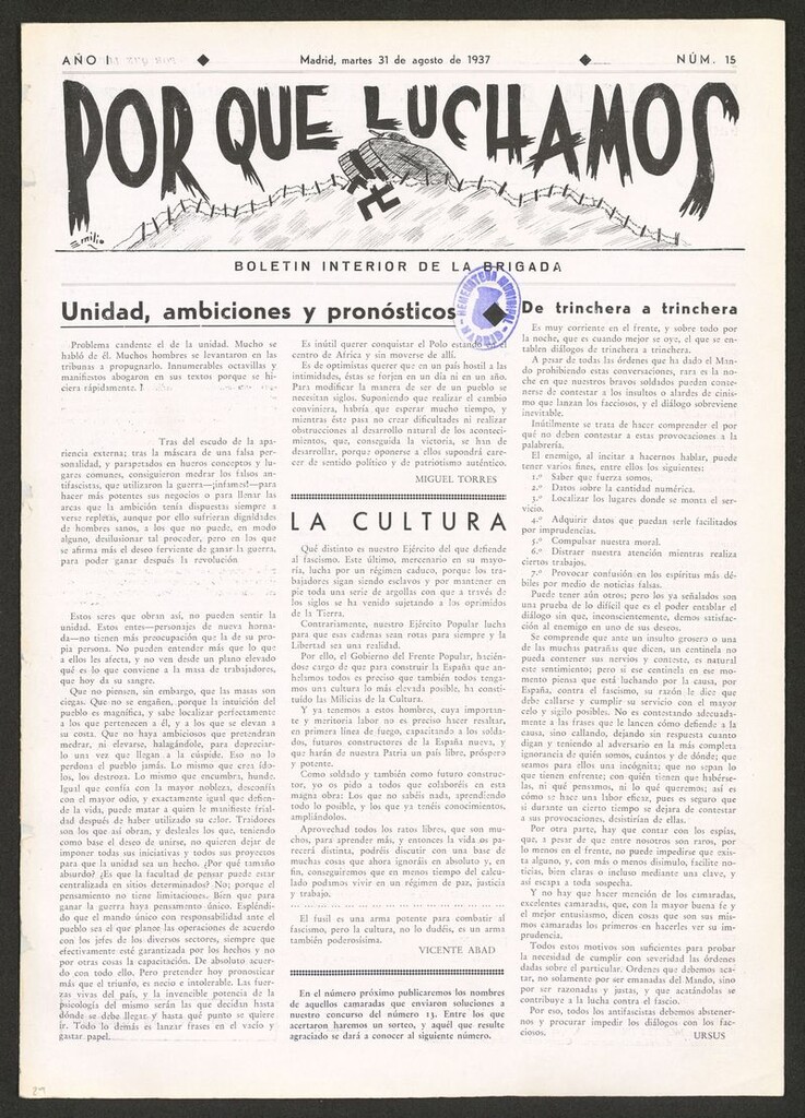 Miniatura de Por qué luchamos : boletín interior de la Brigada 38 del 31 de agosto de 1937