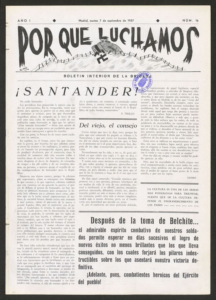 Miniatura de Por qué luchamos : boletín interior de la Brigada 38 del 7 de septiembre de 1937