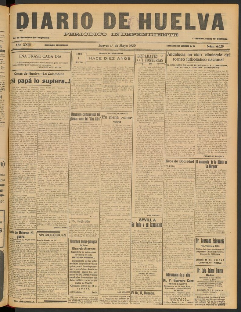 Miniatura de Diario de Huelva : periódico independiente del 1 de mayo de 1930